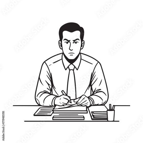 Black and white line art of a hardworking man at office desk with laptop and documents minimalist illustration