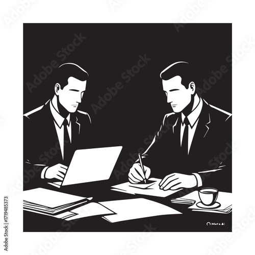 Black and white line art of a hardworking man at office desk with laptop and documents minimalist illustration