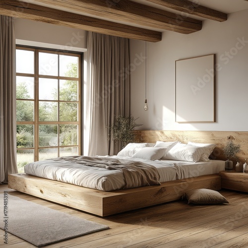 A cozy bedroom with a platform bed, wooden beams, and large windows showcasing a serene garden.