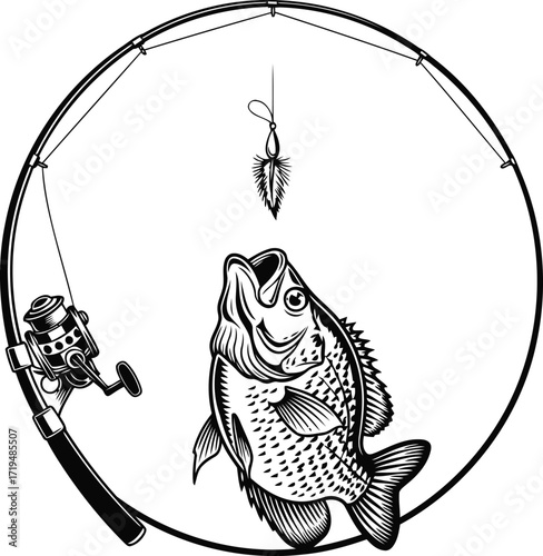 Crappie fishing silhouette with a fish and spinning rod black and white vector illustration