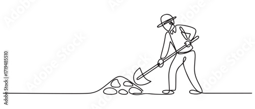 Continuous one line drawing A Traditional miner uses a hoe to get treasures. one line Icon drawing with white background