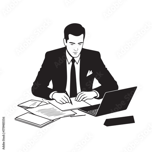 Black and white line art of a hardworking man at office desk with laptop and documents minimalist illustration
