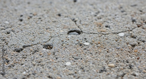 Close-up of Cracked Concrete Surface with Pebbles.