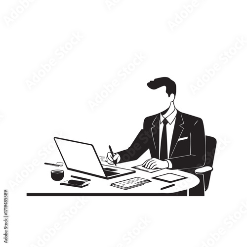 Black and white line art of a hardworking man at office desk with laptop and documents minimalist illustration