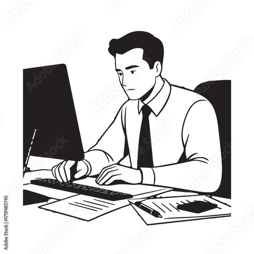 Black and white line art of a hardworking man at office desk with laptop and documents minimalist illustration