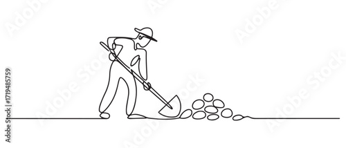 Continuous one line drawing A Traditional miner uses a hoe to get treasures. one line Icon drawing with white background