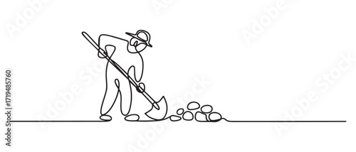Continuous one line drawing A Traditional miner uses a hoe to get treasures. one line Icon drawing with white background