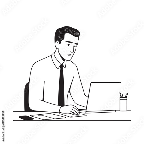 Black and white line art of a hardworking man at office desk with laptop and documents minimalist illustration