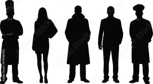 Silhouettes of Diverse Professionals Including Chefs, Businesswoman, Detective, and Executive in Stylish Outfits Standing Side by Side in Unity