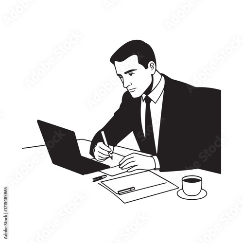 Black and white line art of a hardworking man at office desk with laptop and documents minimalist illustration