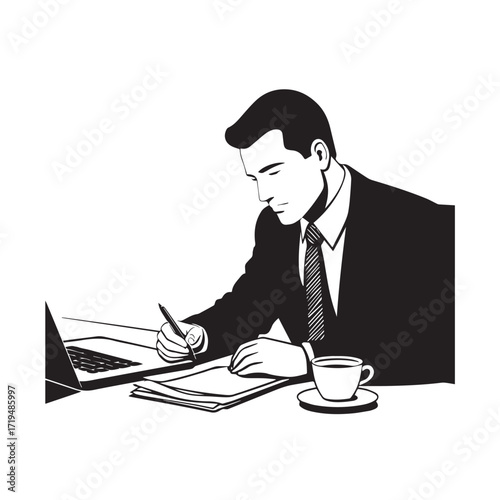 Black and white line art of a hardworking man at office desk with laptop and documents minimalist illustration