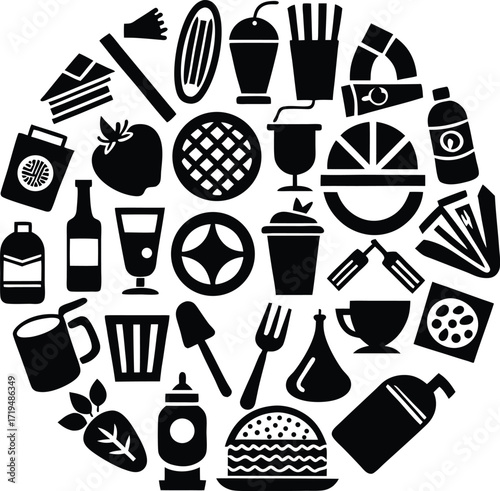 Diverse collection of food and drink icons arranged in a circular pattern celebrating culinary delights and refreshments