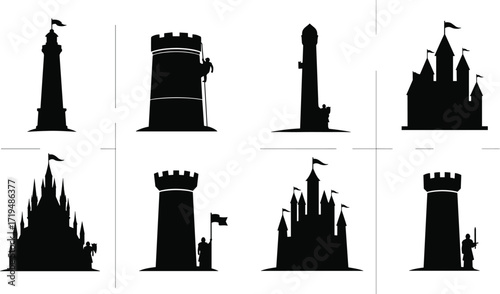 Silhouette vector illustration of medieval towers and fantasy castles with battlements, turrets, spires, flags, and human figures for scale