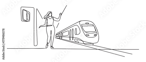 single one line drawing of woman go traveling by train. all about station and train activity. one line Icon drawing with white background