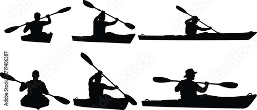 Silhouette vector set of kayakers paddling in different positions, water sport activity icons, canoeing illustration collection for outdoor adventure design