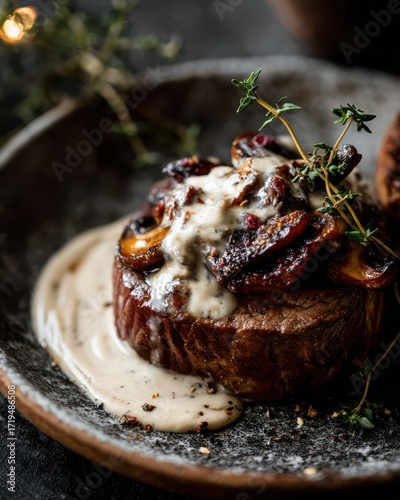 Rustic food photo of handmade plate with beef filet, wild mushrooms and creamy mustard sauce. Styled with dramatic light and golden seasonal tones
