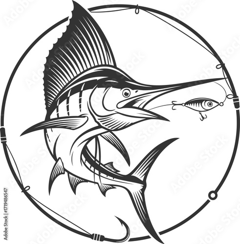 Sailfish fishing silhouette. A jumping sailfish chases a lure, framed by a circular fishing rod. Black and white vector illustration
