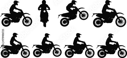 Silhouette dirt bike rider performing motocross stunts, extreme sport motorcycle jumps, racing action poses, vector illustration for adventure design