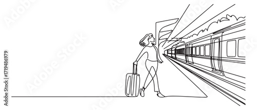 single one line drawing of woman go traveling by train. all about station and train activity. one line Icon drawing with white background