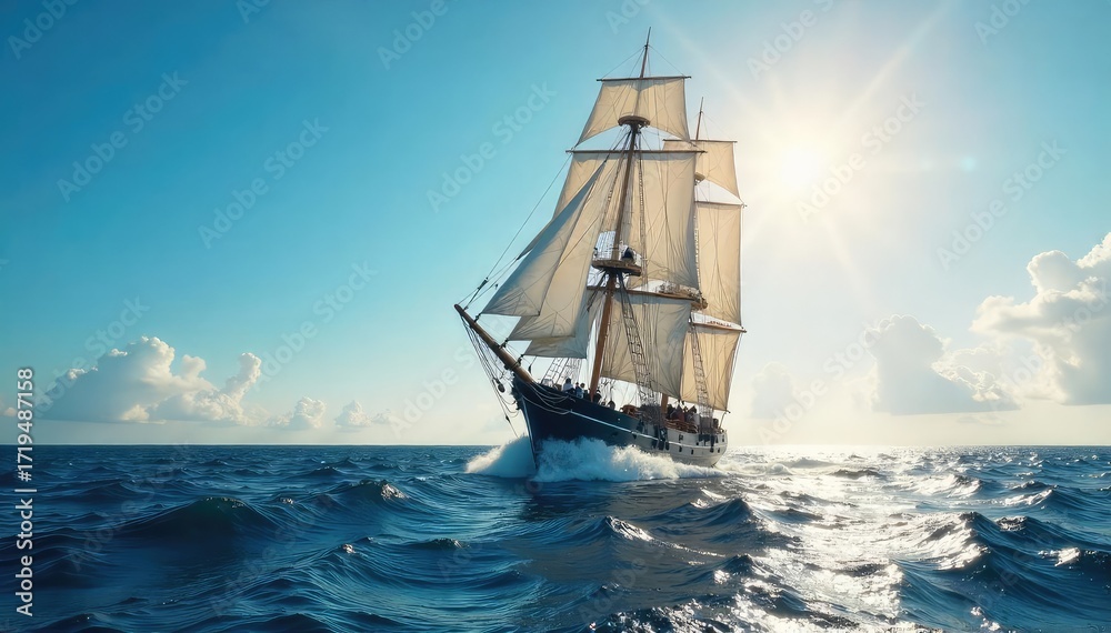 Fototapeta premium Majestic Sailing Ship Ocean Adventure, Billowing Sails, Deep Blue Waters, Ancient Vessel, Calm Sea, Nautical Scene, Powerful Wind