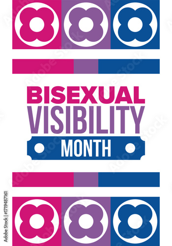 Bisexual Visibility Month. Celebrate Bisexuality Day. Bisexual Pride and Bi Visibility Day. Bisexual flag. Coming out. Celebrated annual in September. Festival and parade. Poster. Vector illustration