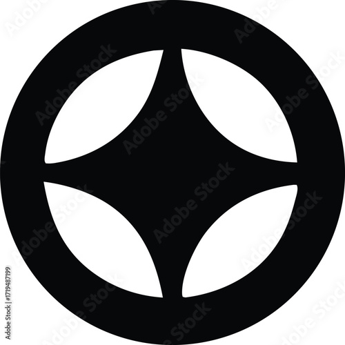 Abstract geometric symbol featuring intersecting curves and a four-pointed star shape within a circular frame