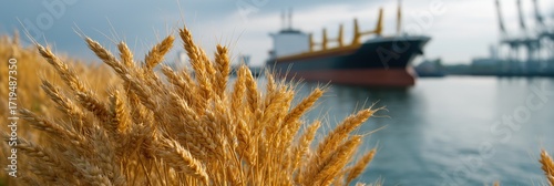 Golden wheat fields with cargo ship in the background: agriculture meets industry