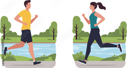 A happy couple jogging in a park, enjoying a healthy and active outdoor lifestyle.