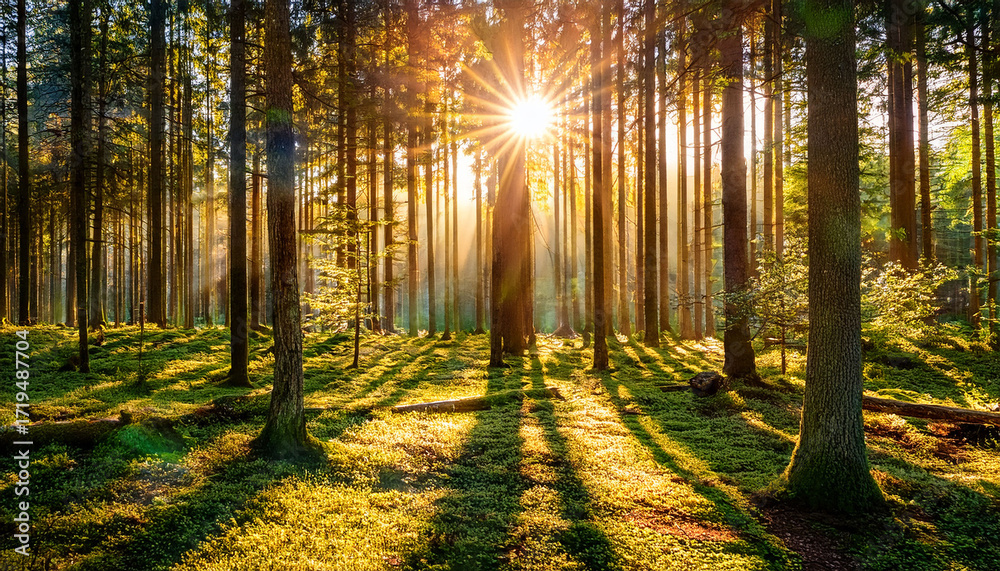 Fototapeta premium The Sun Shines Between The Trees In The Forest