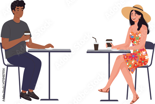 Happy diverse couple on coffee date, enjoying conversation outdoors at a cafe.