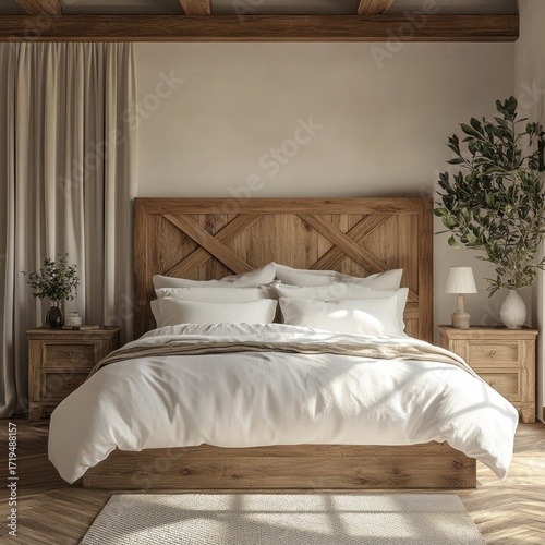 A cozy bedroom featuring a light beige wall, warm wooden furnishings, and a large bed with white linens.