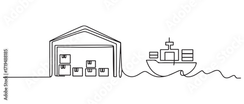 Single continuous line drawing of Warehouse, shipping, port, cargo activity and all about port activity. one line Icon drawing with white background