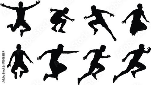 Dynamic Human Silhouettes in Motion – Jumping, Running, Lunging, Crouching Poses for Sports, Fitness, Animation, Movement Studies, and Action Design