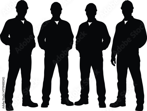 Construction worker silhouettes wearing hard hats teamwork industrial labor force occupational safety vector illustration building industry teamwork concept professional crew unity