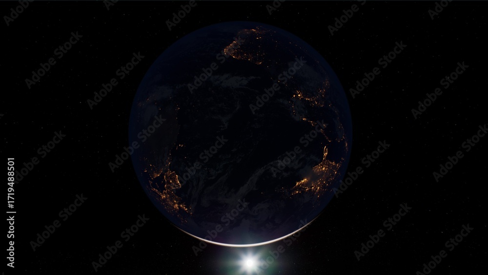 Fototapeta premium A captivating view of Earth from space reveals city lights twinkling across continents as night falls. The planet glows gently, surrounded by the vastness of the universe.