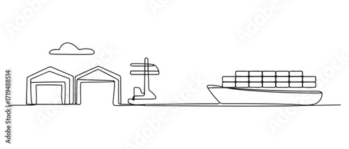 Single continuous line drawing of Warehouse, shipping, port, cargo activity and all about port activity. one line Icon drawing with white background