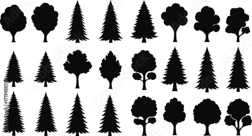 Collection of diverse tree silhouette vector illustrations featuring pine, oak, and decorative foliage designs for nature, forest, park, and landscape projects.