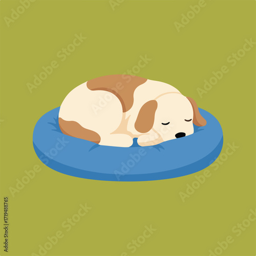 A cartoon illustration features a light tan and brown spotted dog curled up asleep on a blue round pillow against a solid light green background.