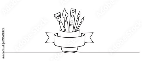 single continuous line, drawing icon of painting tools in a cup. banner and icon of art day. one line Icon drawing with white background