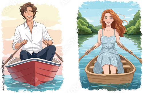 Young happy couple rowing in separate boats, smiling and enjoying a romantic lake or river date.