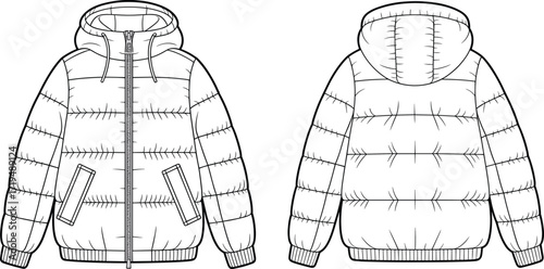 Puffer jacket technical fashion illustration, hooded outerwear flat sketch, quilted garment design, CAD drawing, vector template, winter clothing, apparel mockup