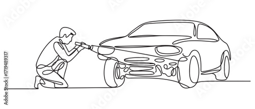Single continuous line drawing of a technician is inspecting the underside of the car. one line Icon drawing with white background