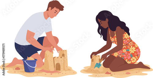 Young happy couple building a sandcastle on the beach, summertime vacation.