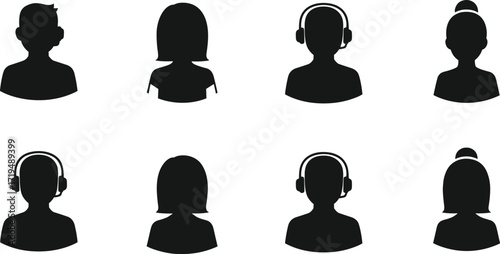 Black silhouette people avatars with diverse hairstyles and headsets, customer service support icons, communication profile illustrations, business teamwork concept