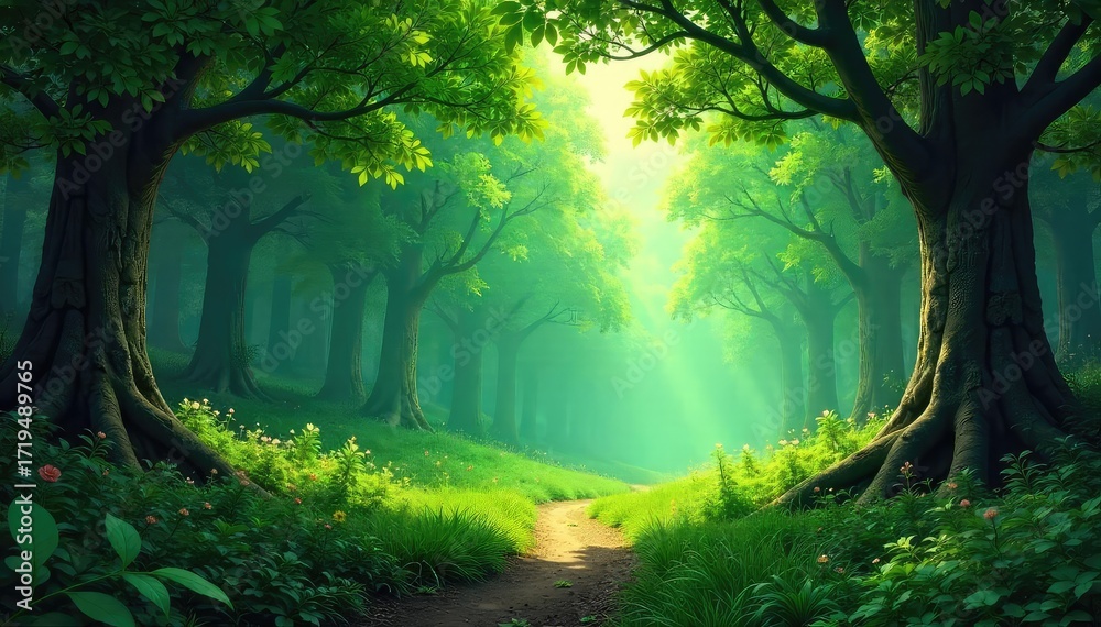 Obraz premium Magical Lush Forest Backdrop Dappled Sunlight, Deep Shadows, Tranquil Undergrowth - Ideal for Fantasy & Fairytale Compositions