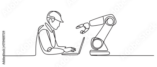 Simple continuous line drawing of An engineer is programming a robotic hand. one line Icon drawing with white background