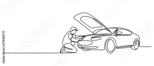 Single continuous line drawing of a technician is inspecting the underside of the car. one line Icon drawing with white background