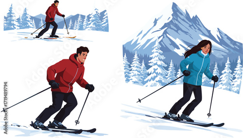 A collection of illustrations showing people skiing in the mountains, a man and a woman enjoying a winter sport vacation.