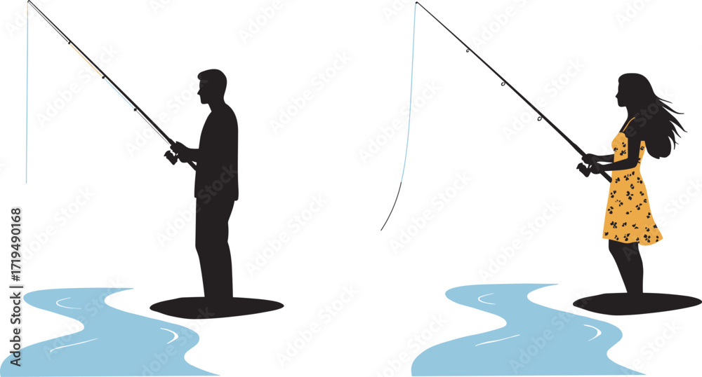 Obraz premium A man and a woman fishing in a river, a silhouette vector illustration of a couple enjoying an outdoor hobby and recreation.