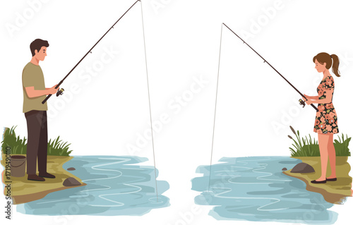 A man and a woman fishing in a river, a silhouette vector illustration of a couple enjoying an outdoor hobby and recreation.